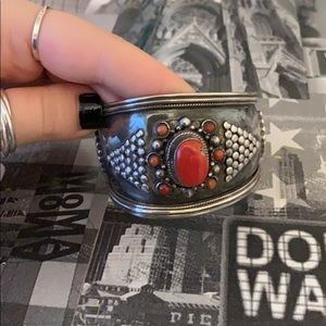 Vintage Tribal Sterling Silver Red Stone Cuff